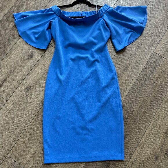 Eliza J Blue Dress Size 4 Off-Shoulder Knee Length Pencil Cocktail Dressy - Picture 1 of 6